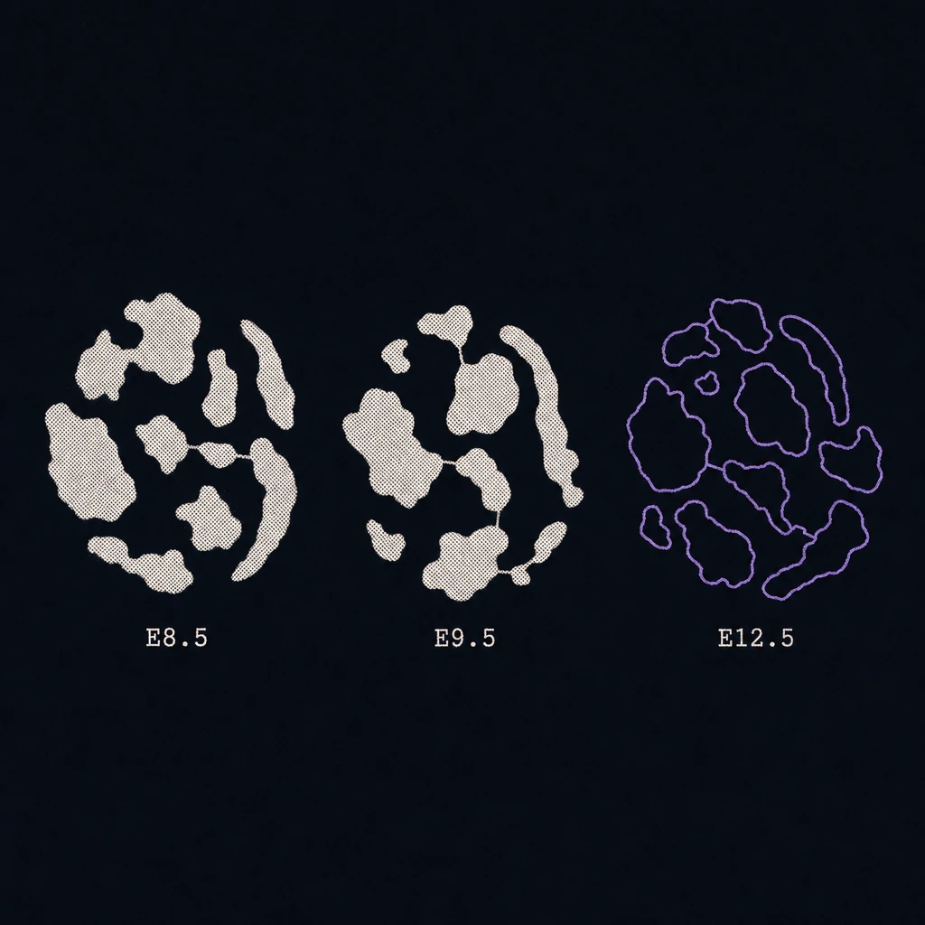 Three populations of dissociated cells side by side, each a swarm of separate cells inside a density boundary. The E8.5 and E9.5 swarms are filled; the E12.5 boundary is drawn in violet and is empty.