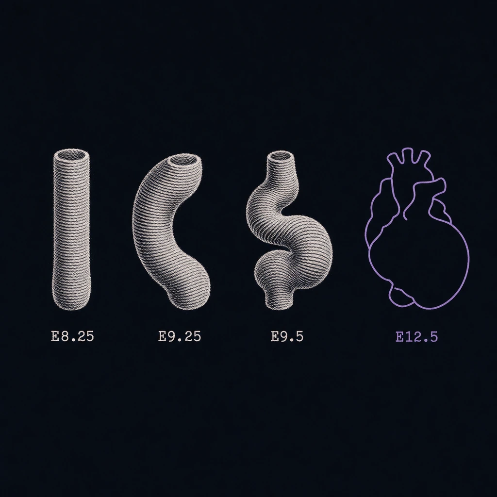 Four embryonic heart forms in a row, each built from stacked contour slices: a straight tube at E8.25, a C-shaped bend at E9.25, an S-shaped loop at E9.5, and an empty violet outline at the held-out stage.