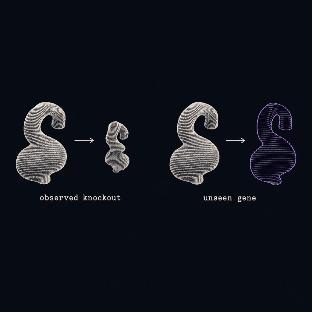 Two parallel pairs. On the left a wild-type embryo and, after an arrow, the observed knockout it becomes, both filled. On the right the same wild type and, after an arrow, an empty violet outline where the unseen gene's mutant would be.